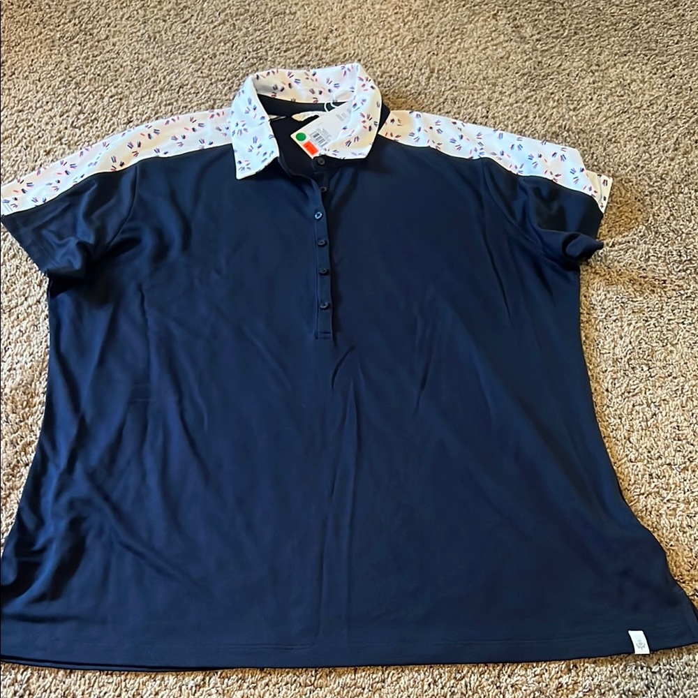 Navy Blue Button Down Shirt with Patterned Collar